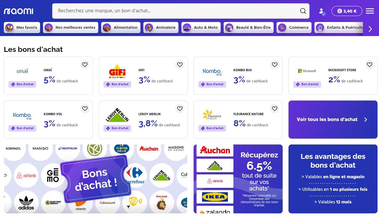 Catalogue Naomi des bons d'achat avec les taux de cashback proposés par différentes enseignes
